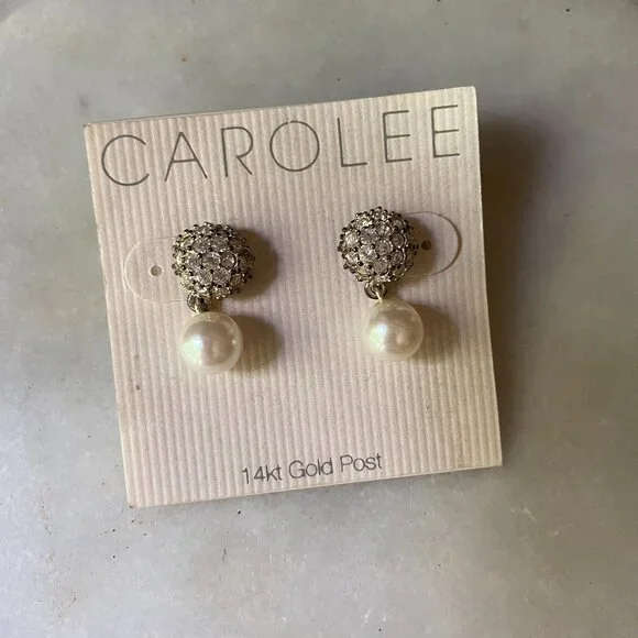 NWT Carolee CZ & glass pearl 14kt gold post pierced earrings coquette romantic - Picture 1 of 5